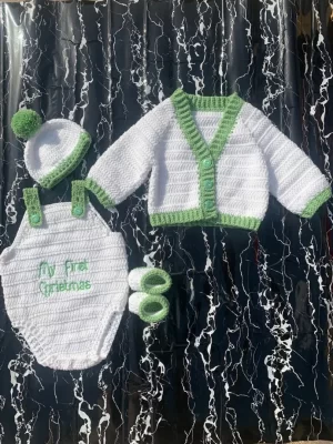 Handmade “My First Christmas” Crochet Baby Set – 4-Piece Holiday Outfit