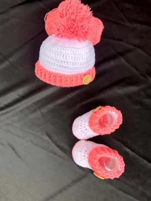 Handcrafted Baby Hat & Booties Set – Pink & White
