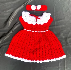 Handcrafted Red & White Crochet Baby Dress Set