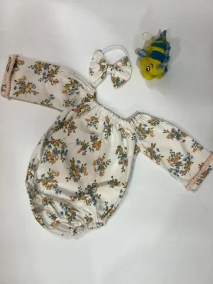 Handmade 100% Cotton Baby Romper with Farmyard Print + Matching Hair Bow