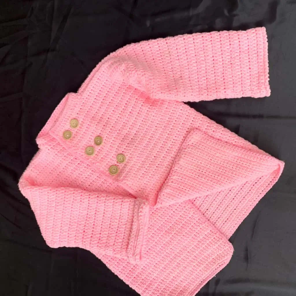 Handmade Pink Crochet Baby Sweater with Wooden Buttons