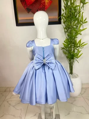 Elegant Blue Silk Party Dress for Girls with Bow and Pearl Details