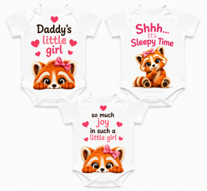 Castino® Baby Girl Bodysuit Set of 3 – Daddy’s Little Girl, Sleepy Time & Little Girl Red Panda Collection | 100% Cotton